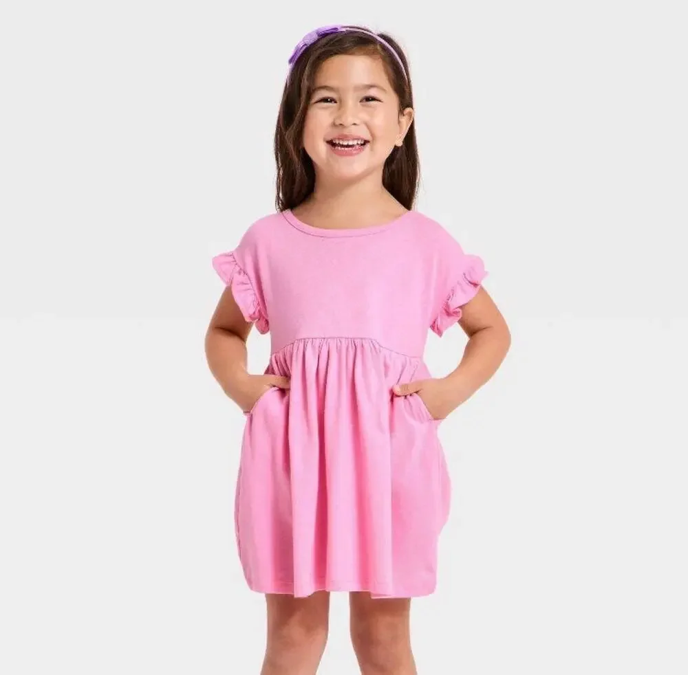 Cat & Jack Girls Pink Ruffle Sleeve Pocket Dress Size 2T NWT